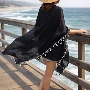 Black Tassel Trim Kimono Wrap Scarf Cover Up Beach Evening Shawl